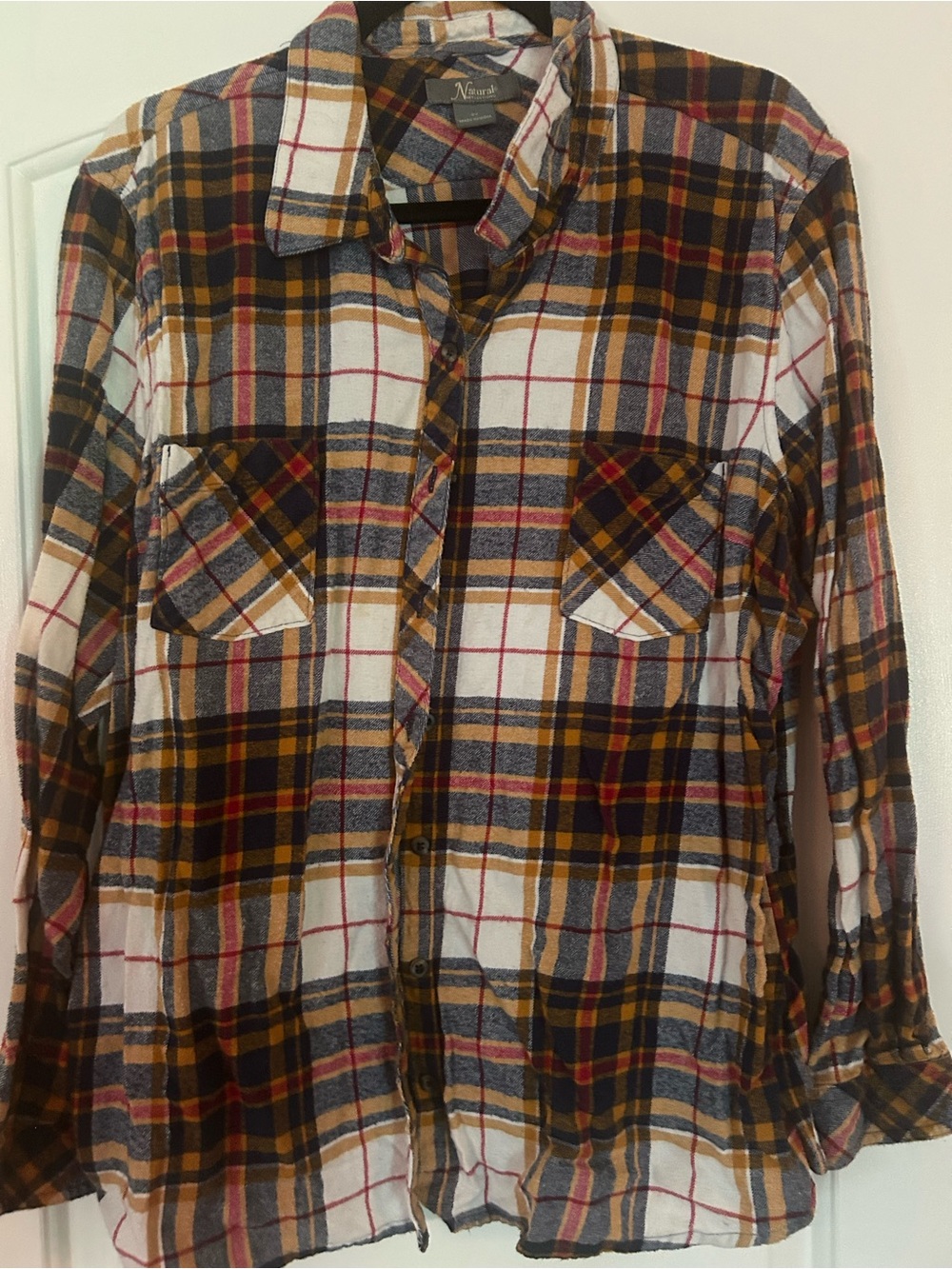 Natural Reflections Plaid Button-Down Shirt in White, Mustard & Brown